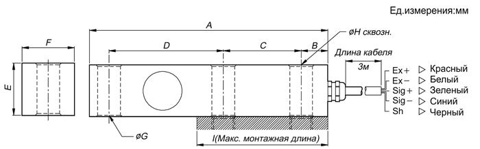 Габариты тензодатчика типа балка на сдвиг/изгиб CAS BS